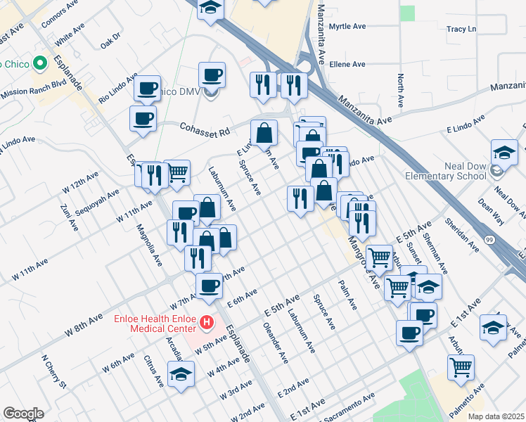 map of restaurants, bars, coffee shops, grocery stores, and more near 1831 Spruce Avenue in Chico