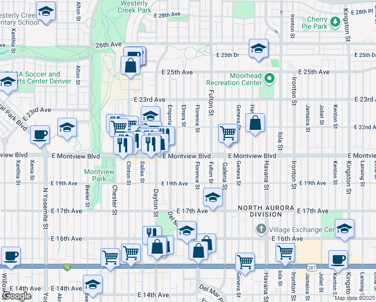 map of restaurants, bars, coffee shops, grocery stores, and more near 2000 Elmira Street in Aurora