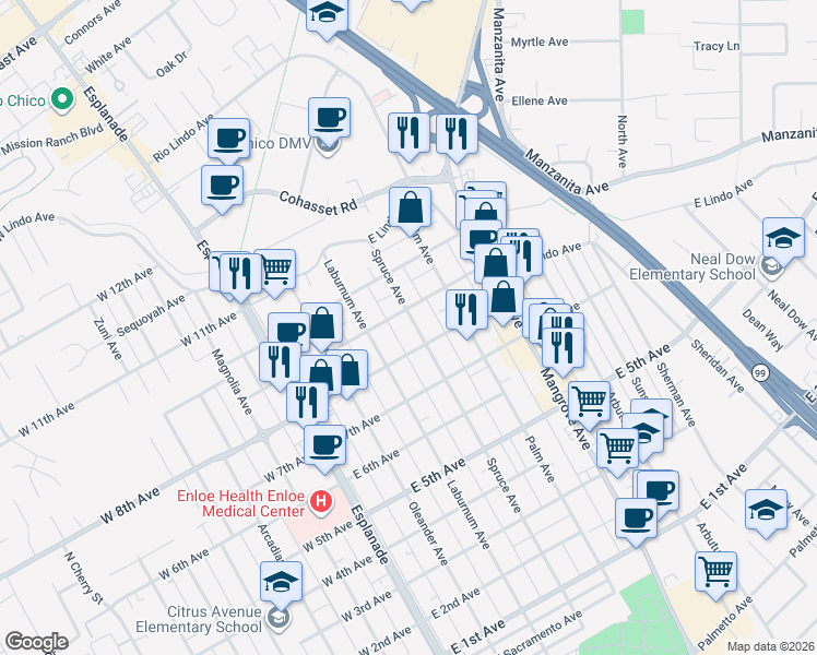 map of restaurants, bars, coffee shops, grocery stores, and more near 1749 Spruce Avenue in Chico