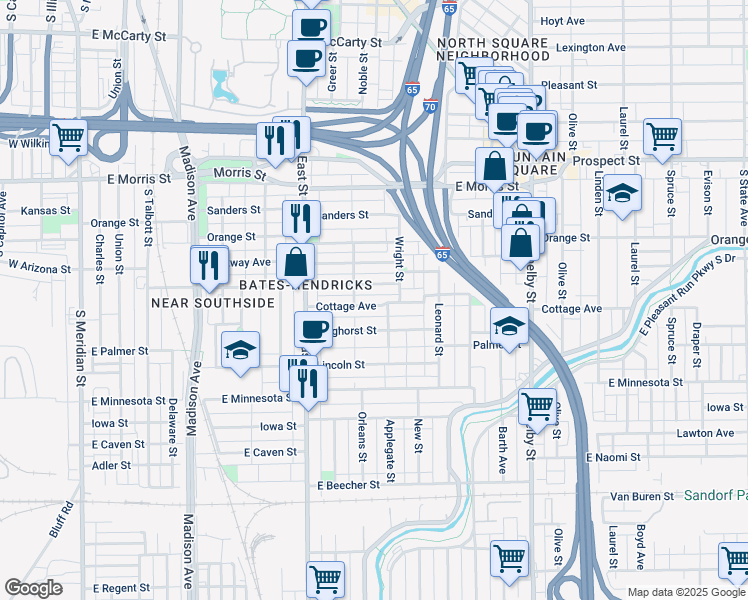map of restaurants, bars, coffee shops, grocery stores, and more near 730 Weghorst Street in Indianapolis
