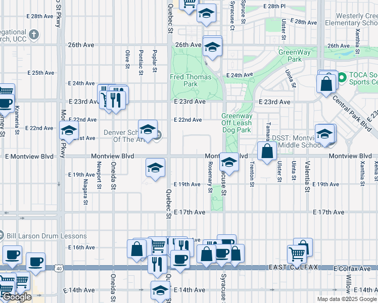 map of restaurants, bars, coffee shops, grocery stores, and more near 7425 Montview Boulevard in Denver