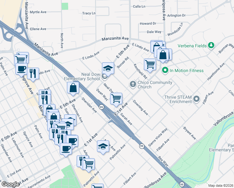 map of restaurants, bars, coffee shops, grocery stores, and more near 1142 Neal Dow Avenue in Chico