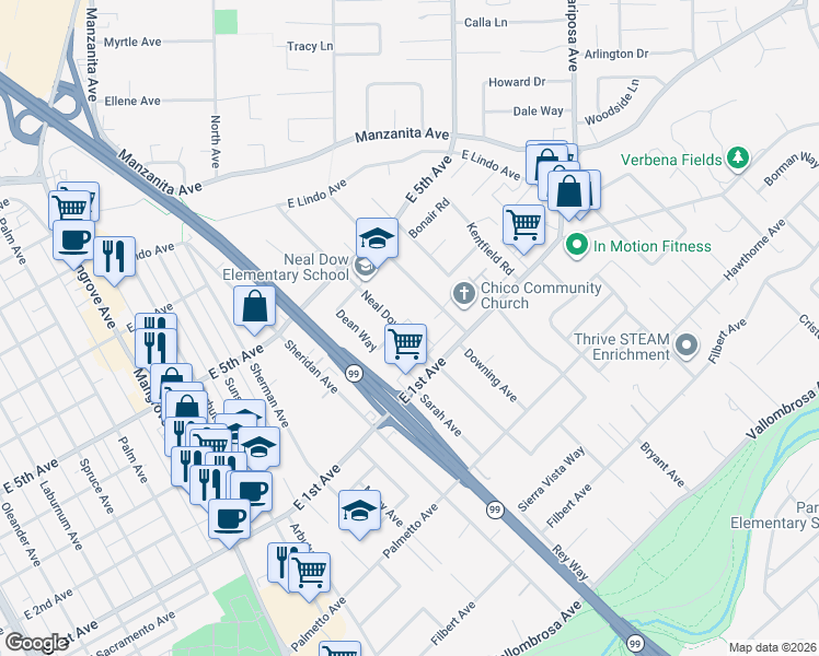 map of restaurants, bars, coffee shops, grocery stores, and more near 1142 Neal Dow Avenue in Chico