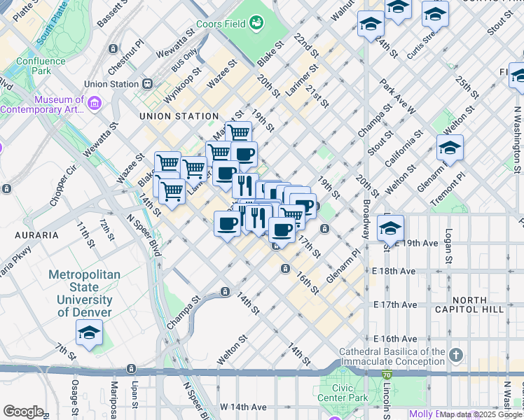 map of restaurants, bars, coffee shops, grocery stores, and more near 820 16th Street Mall in Denver