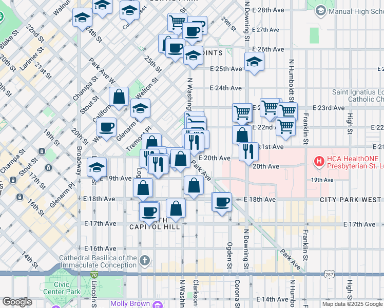 map of restaurants, bars, coffee shops, grocery stores, and more near 757 East 20th Avenue in Denver