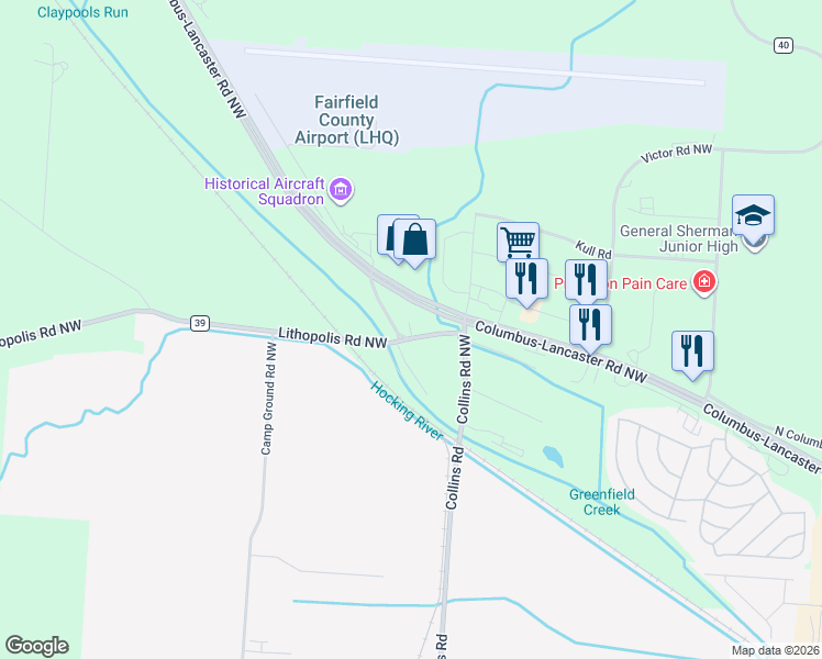 map of restaurants, bars, coffee shops, grocery stores, and more near 3060 Lithopolis Road Northwest in Lancaster