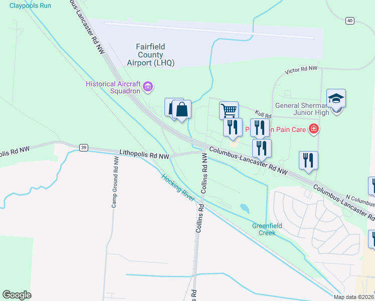 map of restaurants, bars, coffee shops, grocery stores, and more near 3060 Lithopolis Road Northwest in Lancaster