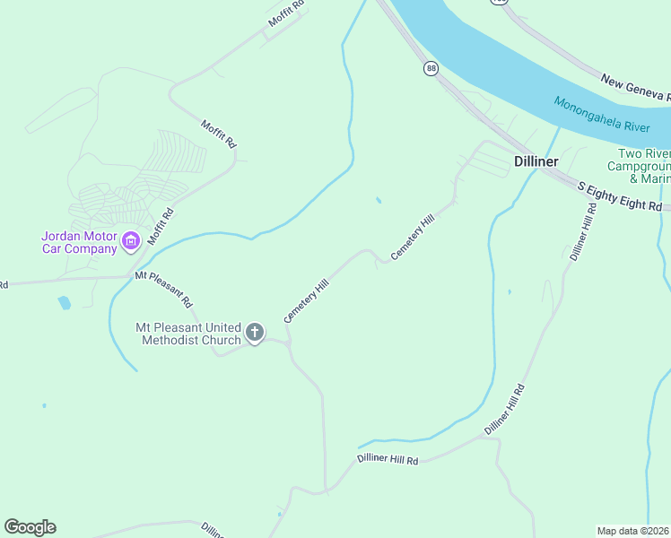 map of restaurants, bars, coffee shops, grocery stores, and more near 134 Cemetery Hill in Dilliner