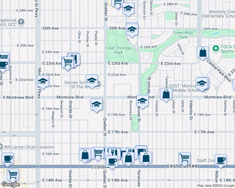 map of restaurants, bars, coffee shops, grocery stores, and more near 2055 Quince Street in Denver