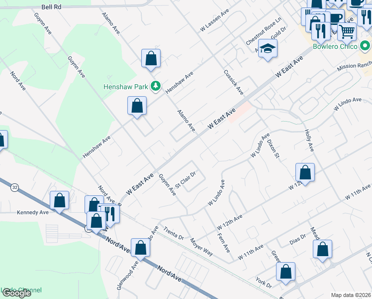 map of restaurants, bars, coffee shops, grocery stores, and more near 825 Black Walnut Way in Chico