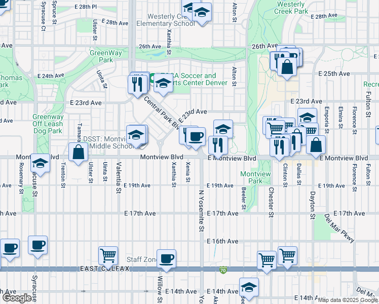 map of restaurants, bars, coffee shops, grocery stores, and more near 2033 Central Park Boulevard in Denver