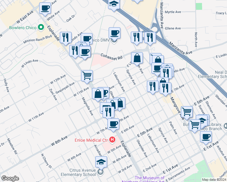 map of restaurants, bars, coffee shops, grocery stores, and more near 1928 Oleander Avenue in Chico