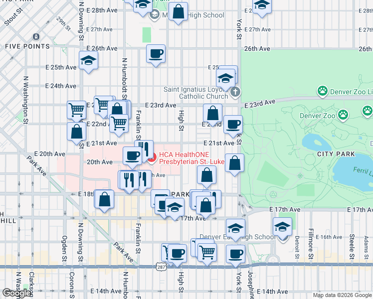 map of restaurants, bars, coffee shops, grocery stores, and more near 2101 Race Street in Denver