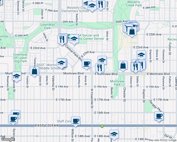 map of restaurants, bars, coffee shops, grocery stores, and more near 2033 Central Park Boulevard in Denver