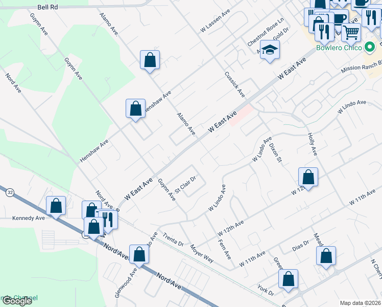 map of restaurants, bars, coffee shops, grocery stores, and more near 821 West East Avenue in Chico