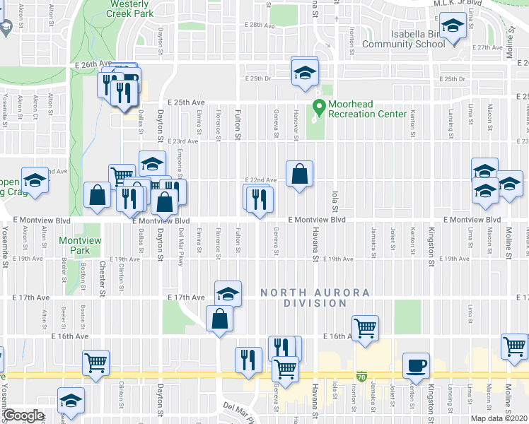map of restaurants, bars, coffee shops, grocery stores, and more near 10203 East Montview Boulevard in Aurora
