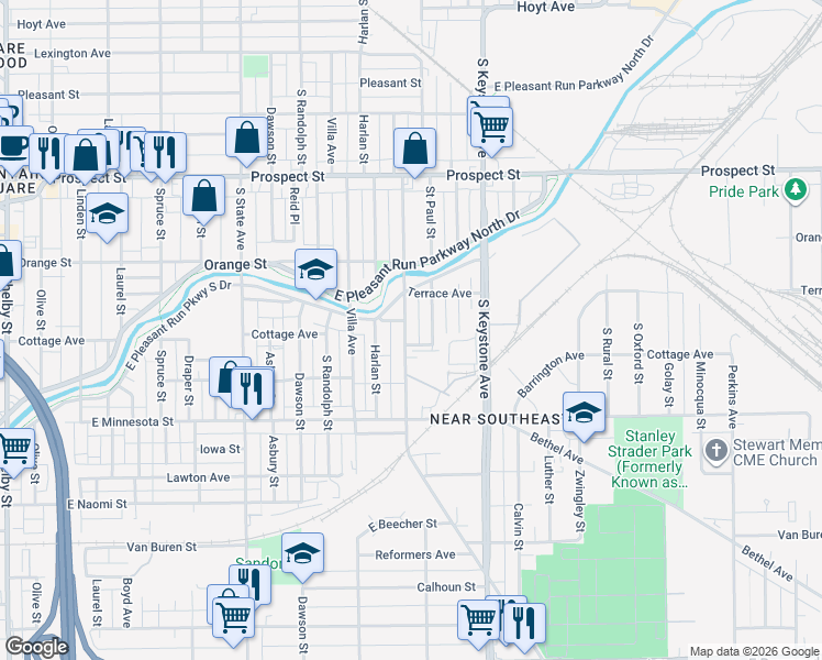 map of restaurants, bars, coffee shops, grocery stores, and more near 1413 Churchman Avenue in Indianapolis