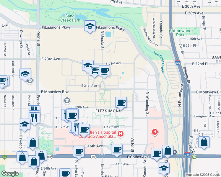 map of restaurants, bars, coffee shops, grocery stores, and more near 2100 North Ursula Street in Aurora