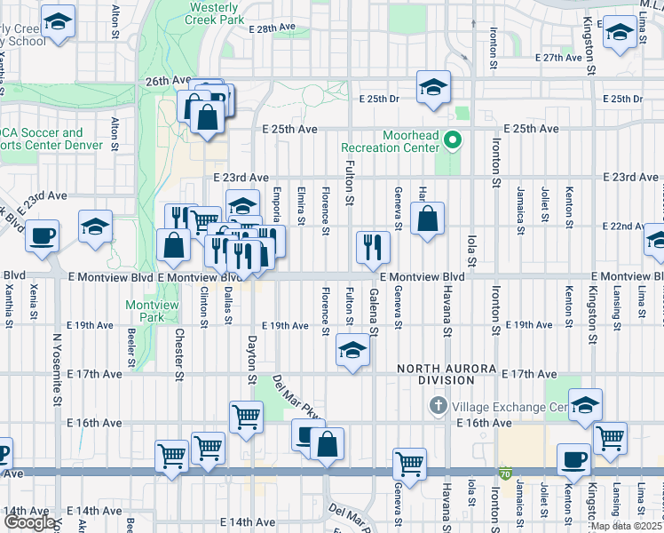 map of restaurants, bars, coffee shops, grocery stores, and more near 2059 Fulton Street in Aurora