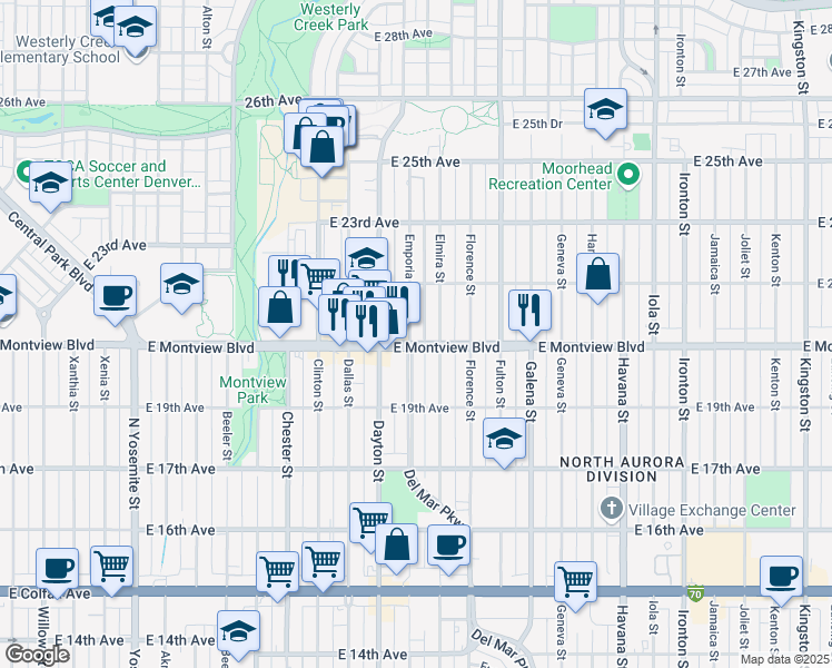 map of restaurants, bars, coffee shops, grocery stores, and more near 2050 Emporia Street in Aurora