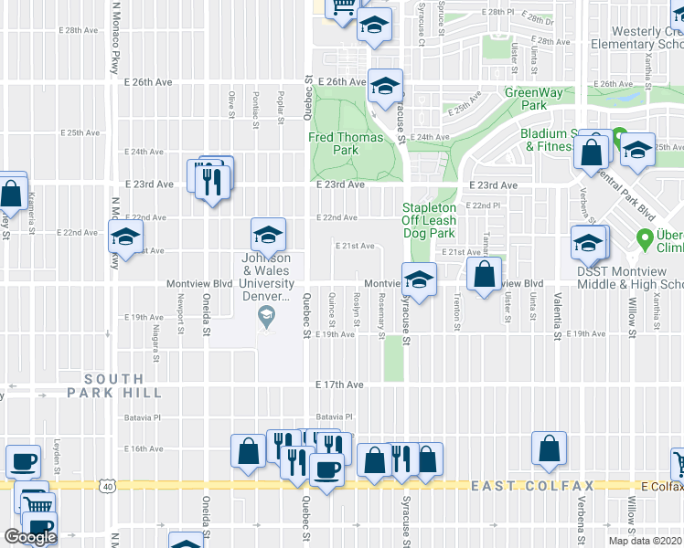 map of restaurants, bars, coffee shops, grocery stores, and more near 2055 Quince Street in Denver