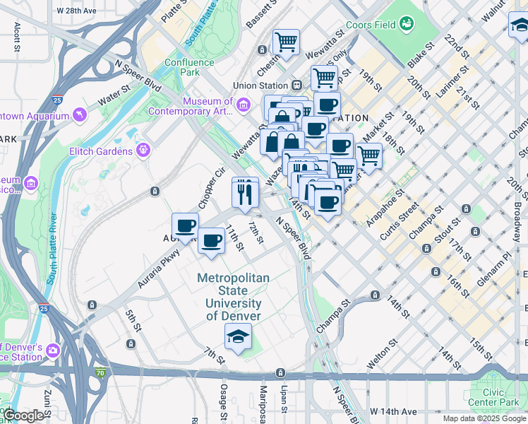 map of restaurants, bars, coffee shops, grocery stores, and more near 1314 Auraria Parkway in Denver