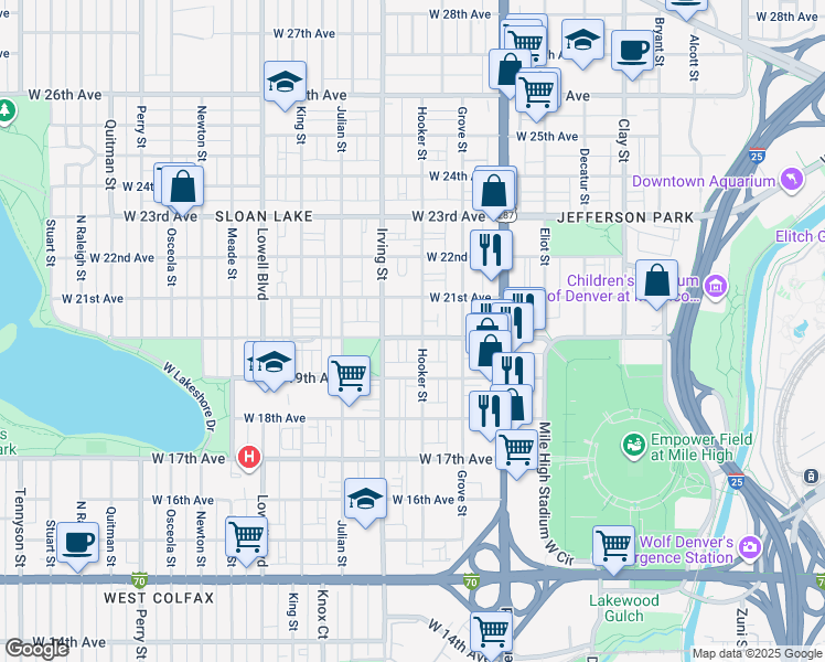map of restaurants, bars, coffee shops, grocery stores, and more near 2075 Hooker Street in Denver