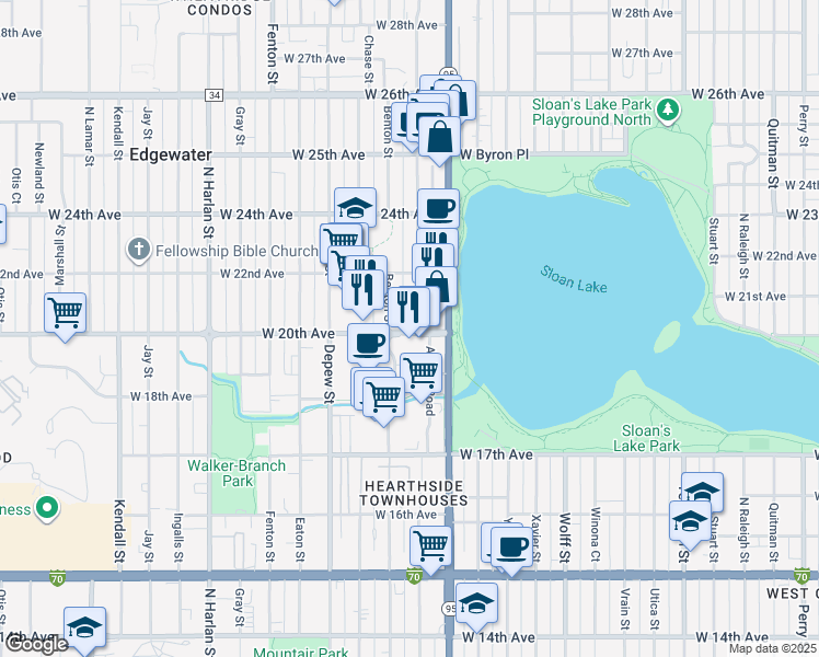 map of restaurants, bars, coffee shops, grocery stores, and more near 2060 Benton Street in Edgewater