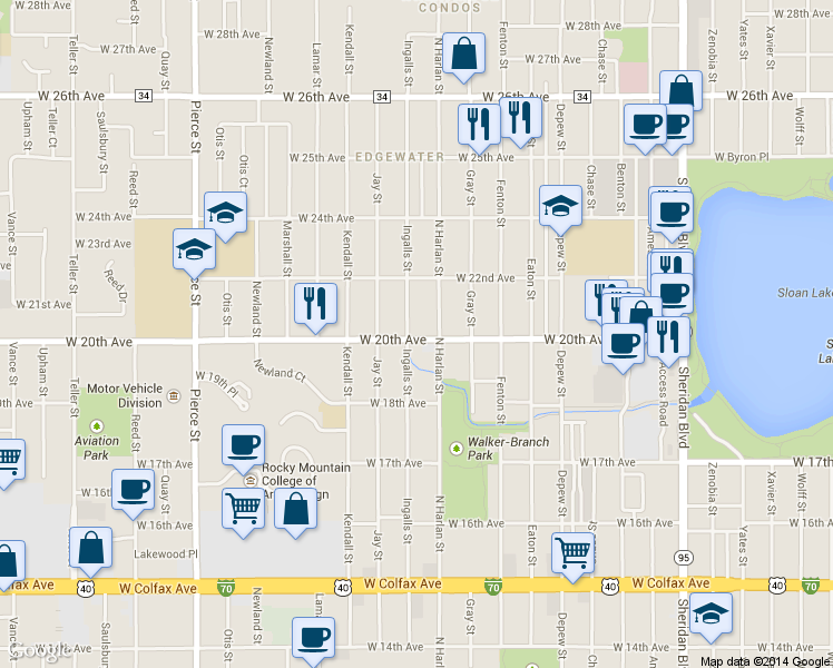 map of restaurants, bars, coffee shops, grocery stores, and more near 2045 North Harlan Street in Edgewater