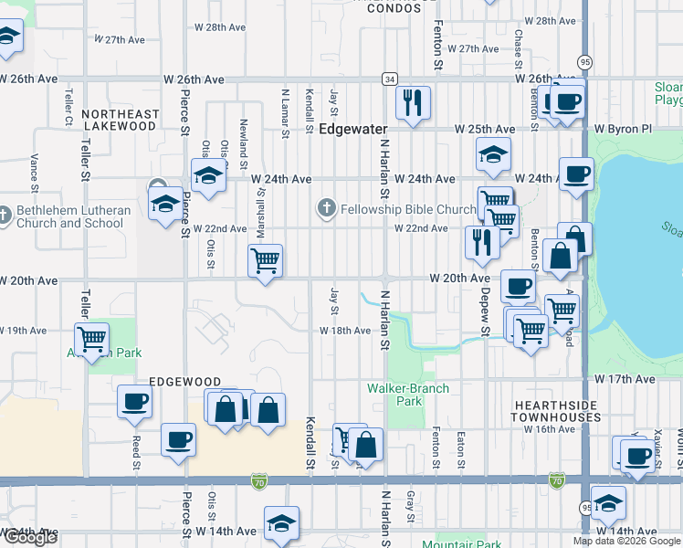 map of restaurants, bars, coffee shops, grocery stores, and more near 2100 Jay Street in Edgewater