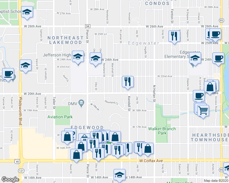 map of restaurants, bars, coffee shops, grocery stores, and more near 2029 North Lamar Street in Edgewater