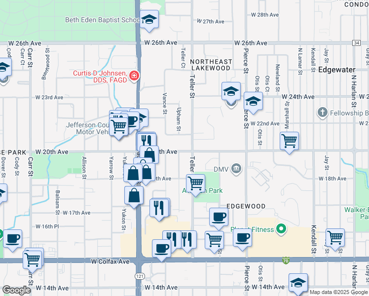 map of restaurants, bars, coffee shops, grocery stores, and more near 7300 West 21st Avenue in Lakewood