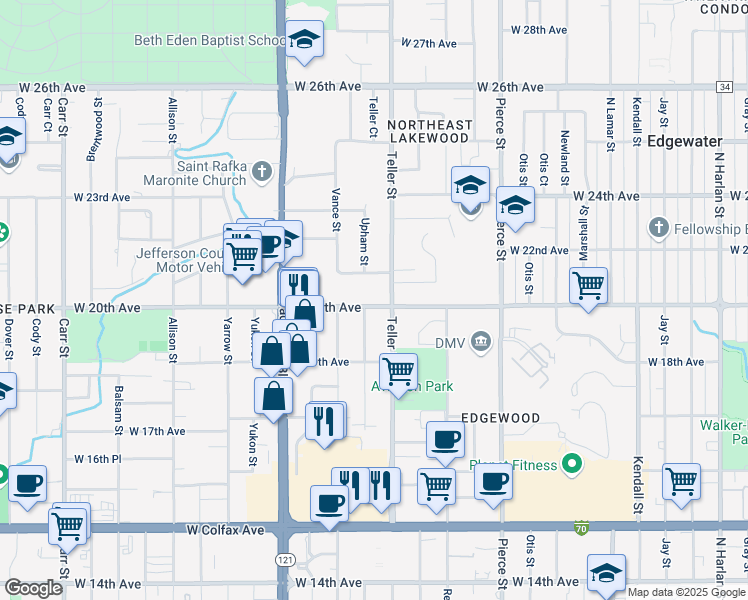 map of restaurants, bars, coffee shops, grocery stores, and more near 7300 West 21st Avenue in Lakewood