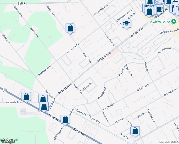map of restaurants, bars, coffee shops, grocery stores, and more near in Chico