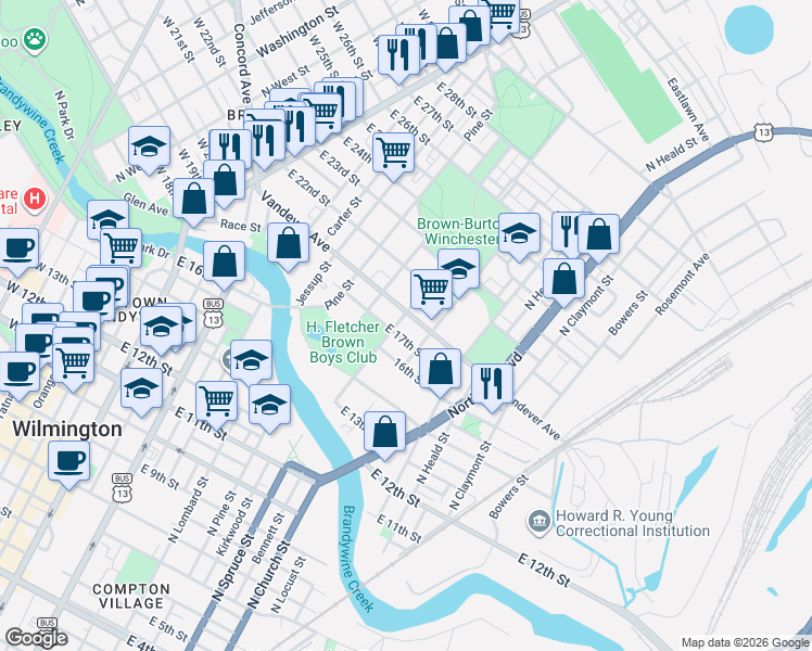 map of restaurants, bars, coffee shops, grocery stores, and more near 714 Vandever Avenue in Wilmington