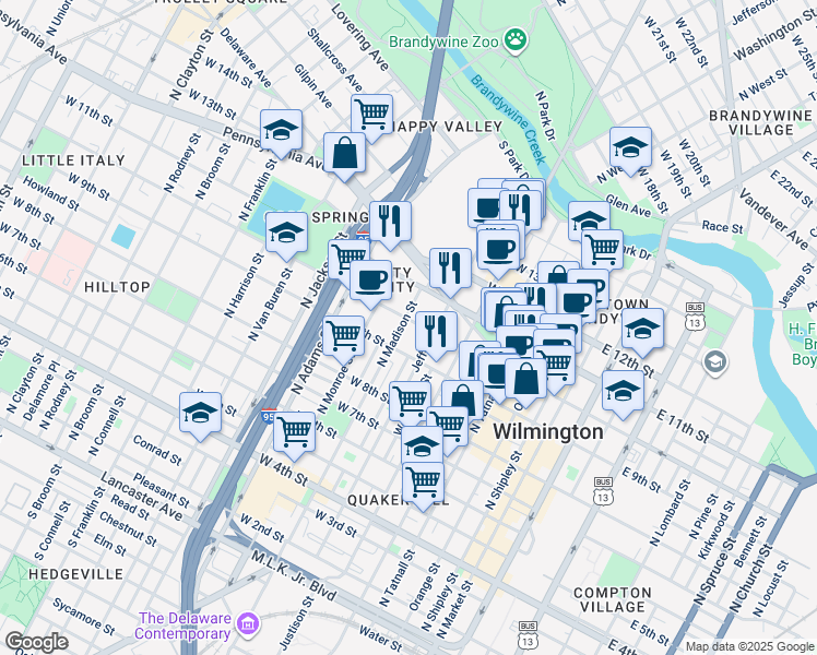 map of restaurants, bars, coffee shops, grocery stores, and more near 612W West 11th Street in Wilmington