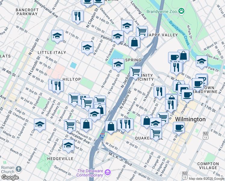 map of restaurants, bars, coffee shops, grocery stores, and more near 815 North Van Buren Street in Wilmington