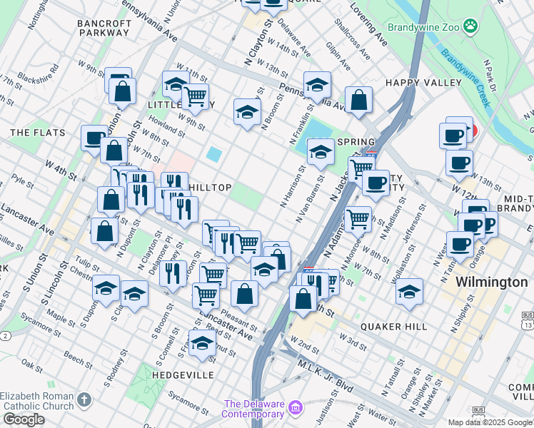 map of restaurants, bars, coffee shops, grocery stores, and more near 708 North Franklin Street in Wilmington
