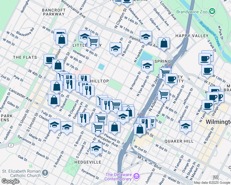 map of restaurants, bars, coffee shops, grocery stores, and more near 708 North Franklin Street in Wilmington