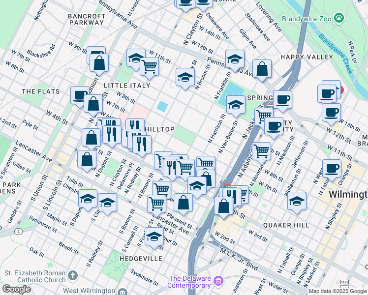 map of restaurants, bars, coffee shops, grocery stores, and more near 708 North Franklin Street in Wilmington