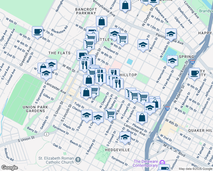 map of restaurants, bars, coffee shops, grocery stores, and more near 1608 West 5th Street in Wilmington