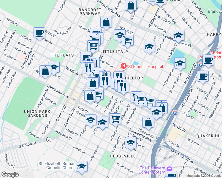 map of restaurants, bars, coffee shops, grocery stores, and more near 1608 West 5th Street in Wilmington