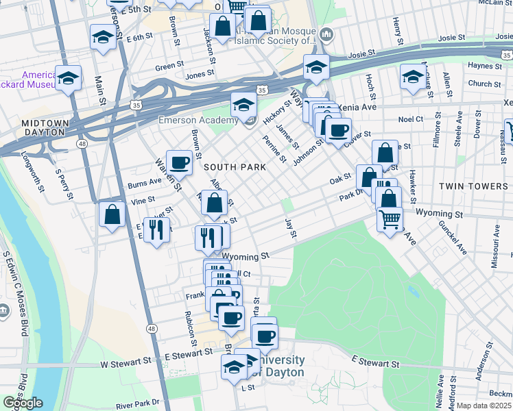 map of restaurants, bars, coffee shops, grocery stores, and more near 14 Johnson Street in Dayton