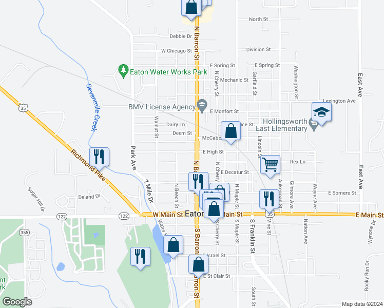 map of restaurants, bars, coffee shops, grocery stores, and more near 122 West High Street in Eaton