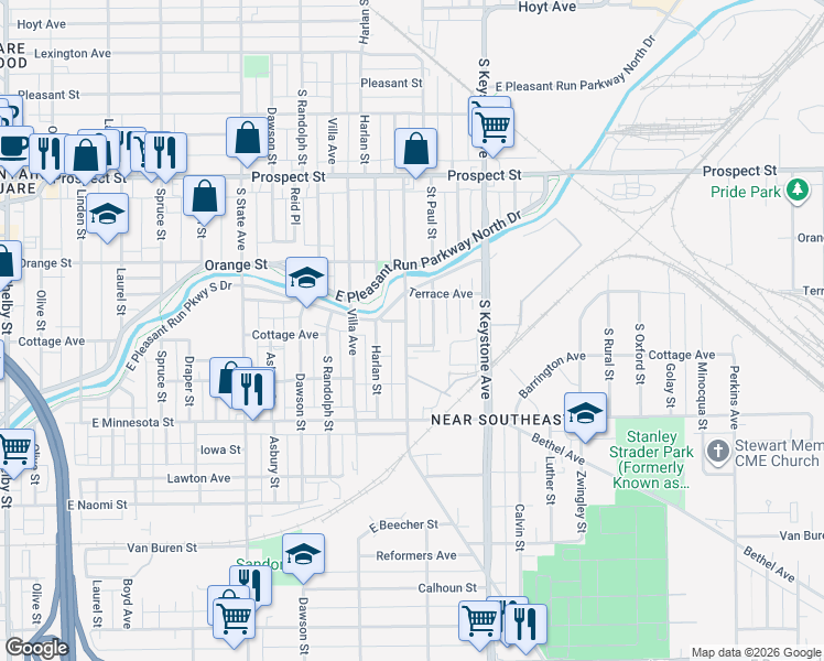 map of restaurants, bars, coffee shops, grocery stores, and more near 1413 Churchman Avenue in Indianapolis