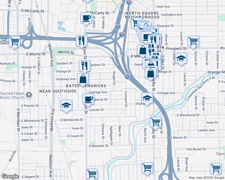 map of restaurants, bars, coffee shops, grocery stores, and more near 1401 Wright Street in Indianapolis