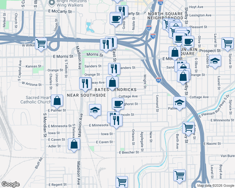 map of restaurants, bars, coffee shops, grocery stores, and more near in Indianapolis