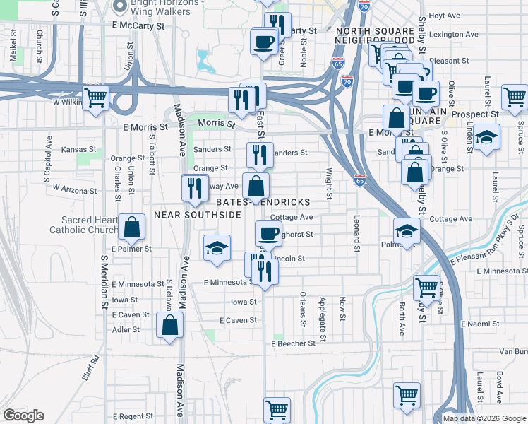 map of restaurants, bars, coffee shops, grocery stores, and more near in Indianapolis