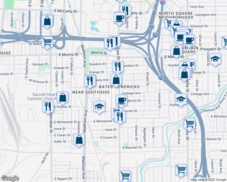 map of restaurants, bars, coffee shops, grocery stores, and more near 406 Terrace Avenue in Indianapolis