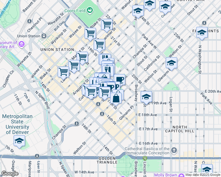 map of restaurants, bars, coffee shops, grocery stores, and more near in Denver